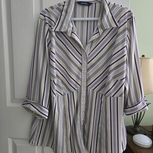Penningtons Women's Striped Button-Down Shirt - Purple, White, Black